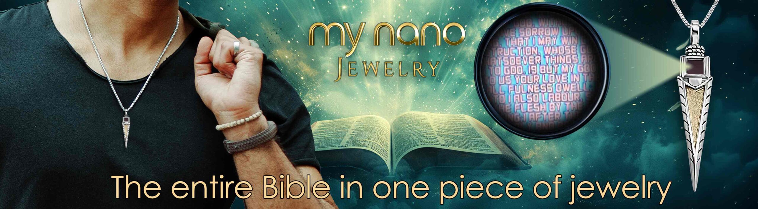 Male Christian Jewelry Showcased on Model with Square Pendant Design by My Nano Jewelry